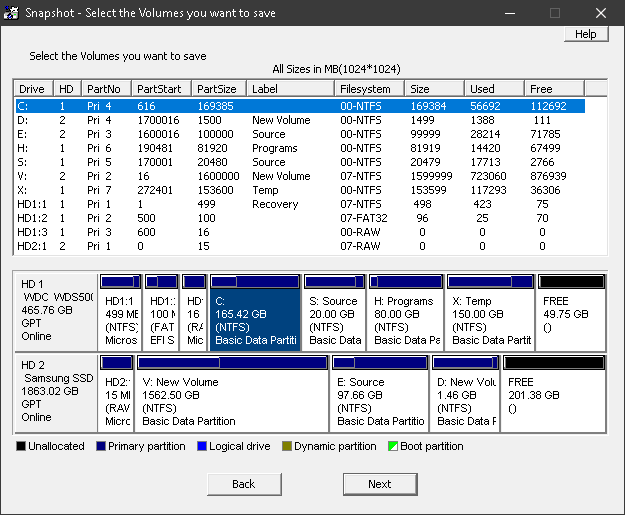 Drive Snapshot, Fenster „Select the Volumes you want to save“: Liste der Laufwerke und Partitionen mit Dateisystem und Größe, darunter die Festplatten als Balkengrafik.