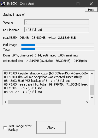 Drive Snapshot beim Sichern eines Laufwerks im laufenden Betrieb, mit Fortschritt und Protokoll.